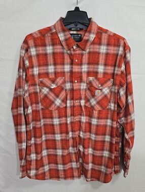 Carhartt Rugged Flex Men's 2XL Orange White Plaid Snap Down Relaxed Pockets